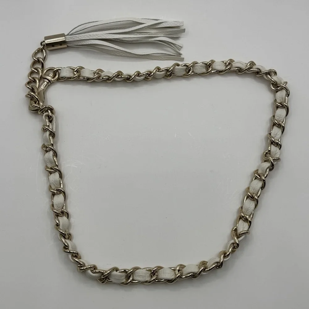MICHAEL KORS Gold Tone Stainless Steel Metal Chain Belt White Vegan Tassel Sz S